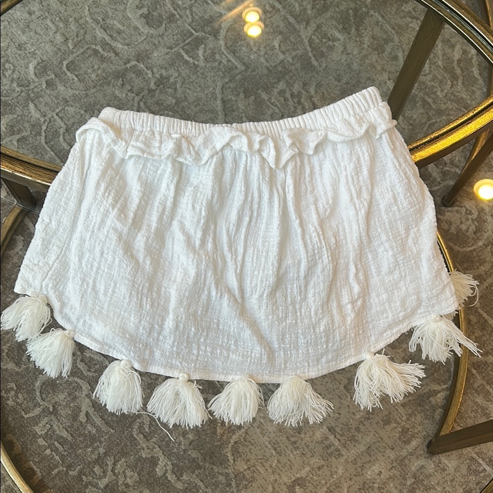 Vintage Havana White Smocked Strapless Crop Top with Fringe Tassles